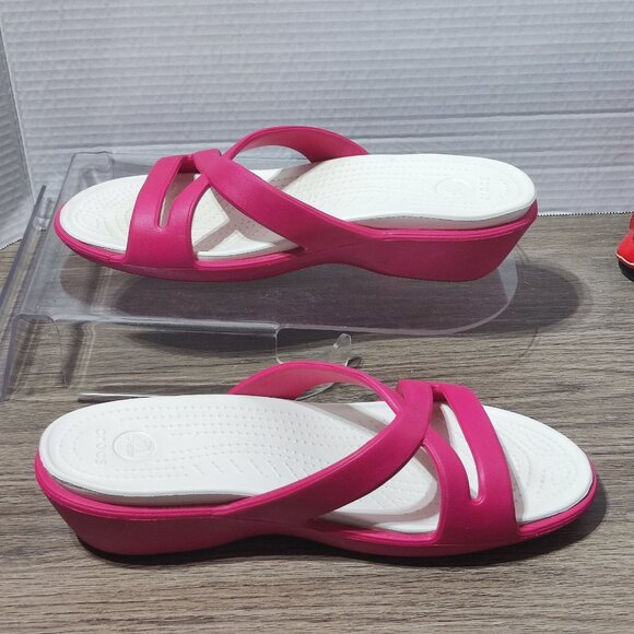 Crocs Low Wedge Slides Size 10 pink white Strappy Slip On Summer Comfort Sandals - Picture 2 of 12